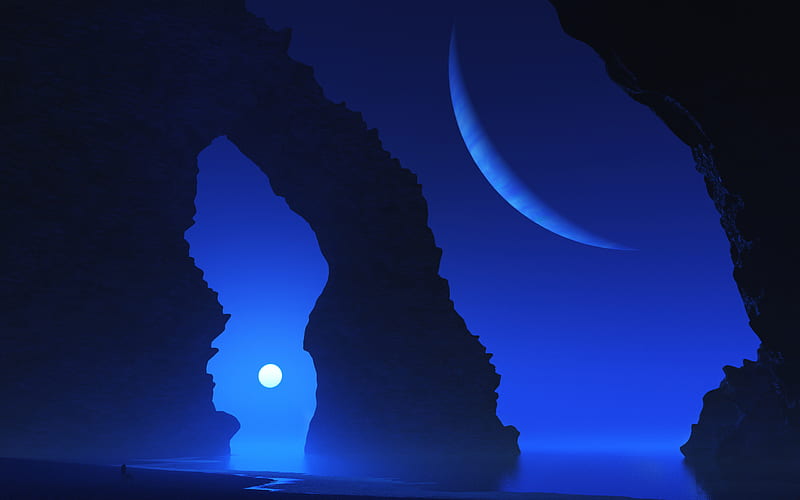 Arches Night, rocks, planets, foggy, high definition, 3d and cg, background, clouds, fog, afternoon, nice, arches, stones, lightness, multicolor, bright, shadows, ref, beauty, evening, mystical, brightness, black, abstract, cool, arch, beaches, awesome, moonlight, hop, bay, white, colorful beautiful, silver, mystic, graphy, moon, mirror, light, blue, night amazing, smocky, multi-coloured, colors, mist, dark colours, nature, reflected, pc, coast, natural, HD wallpaper