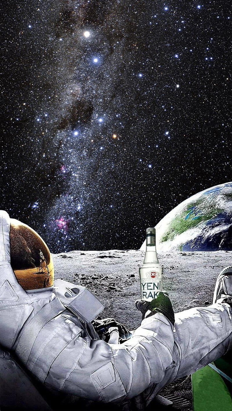 astronaut, beer, earth, moon, HD phone wallpaper