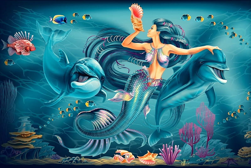 Siren of The Seas, seas, fish, ocean, woman, fantasy, water, shell, porpoise, beauty, siren, HD wallpaper