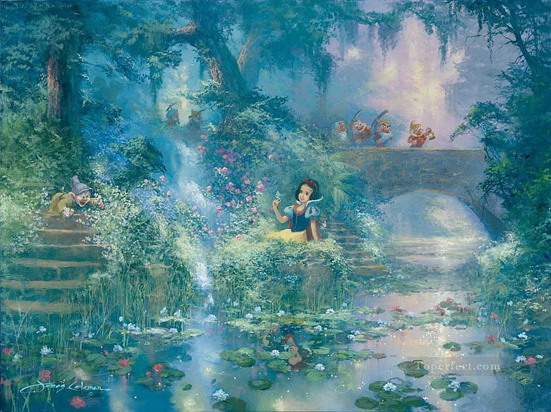 Snow White, art, luminos, james coleman, water, green, bridge, painting, summer, pictura, princess, dwarf, disney, blue, HD wallpaper