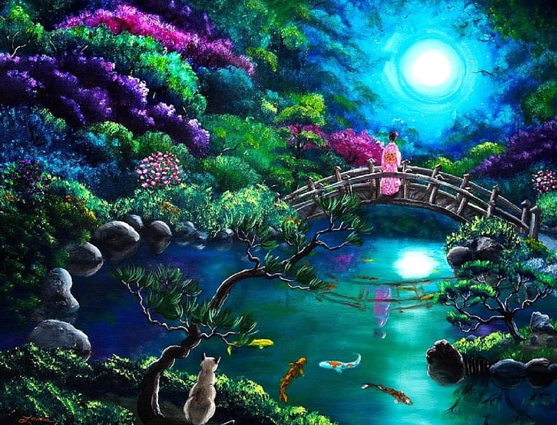 Moonlight Bridge, moons, draw and paint, bridges, attractions in dreams, trees, cat, paintings, flowers, garden, HD wallpaper