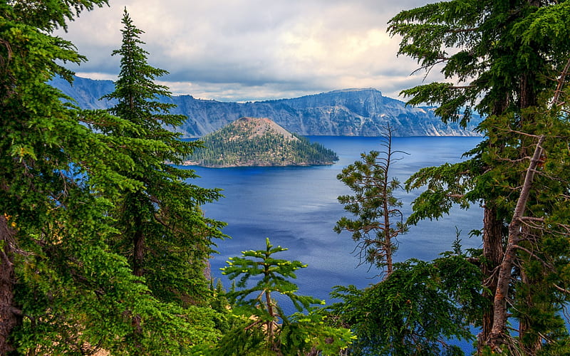 lake, mountains, crater lake, forest, USA, Crater Lake national Park, HD wallpaper