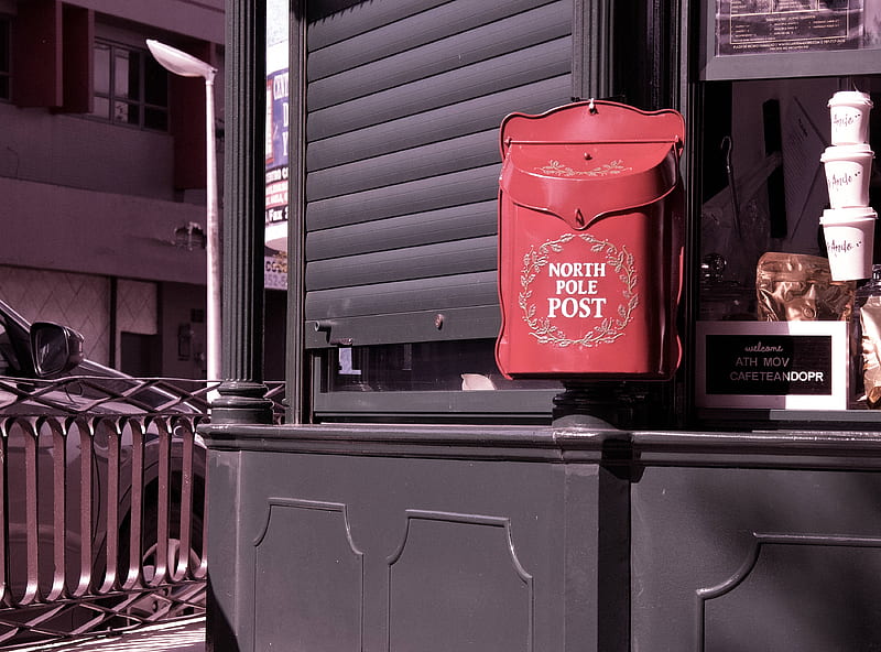 red North Pole post box near closed gray window, HD wallpaper