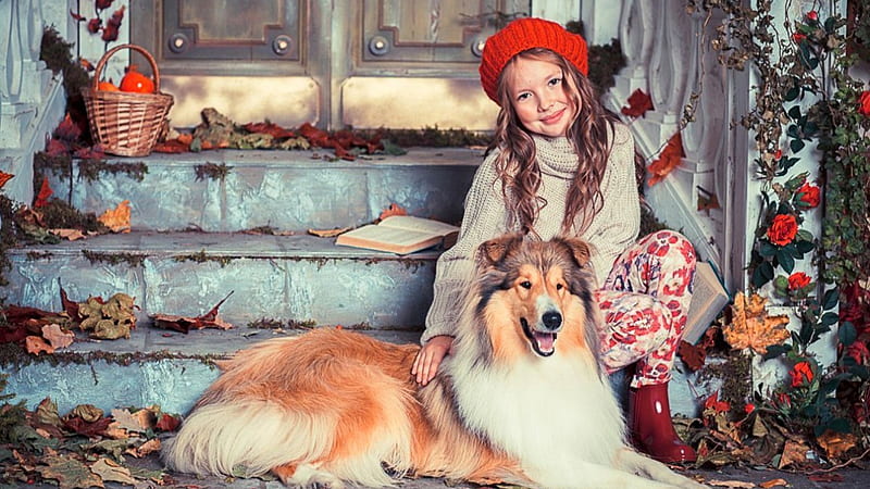 Smiley Cute Little Girl Is Sitting On Steps Near Dog Wearing White Red Dress And Cap Cute, HD wallpaper