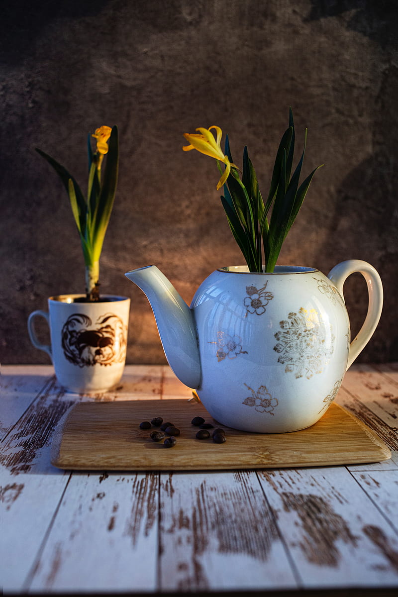flowers, yellow, kettle, mug, table, HD phone wallpaper