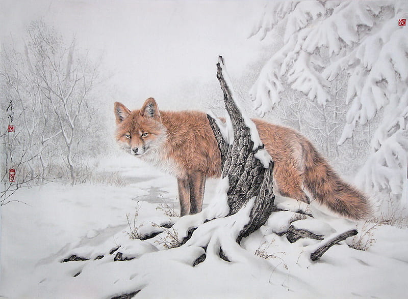 By Tang Jian, Art, Fox, Tang Jian, Snow, Drawing, Animal, Winter, Hd 