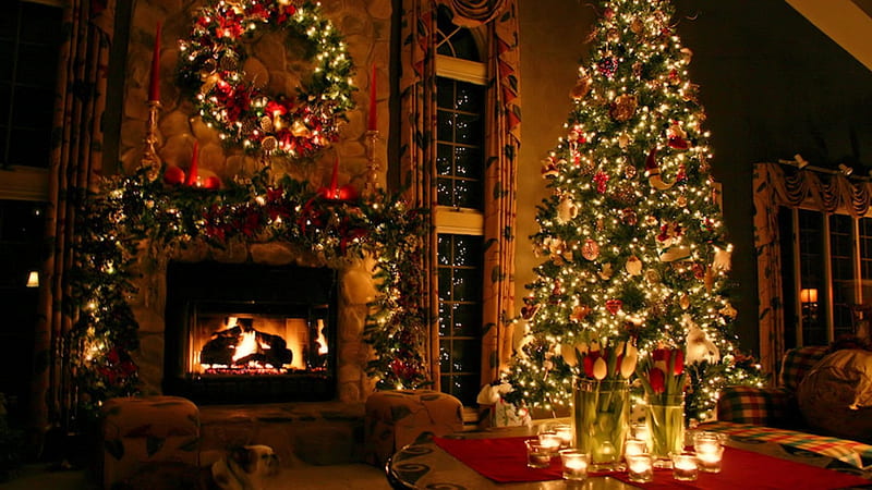 Cozy Christmas, wreath, holidays, fireplaces, christmas, trees, HD wallpaper