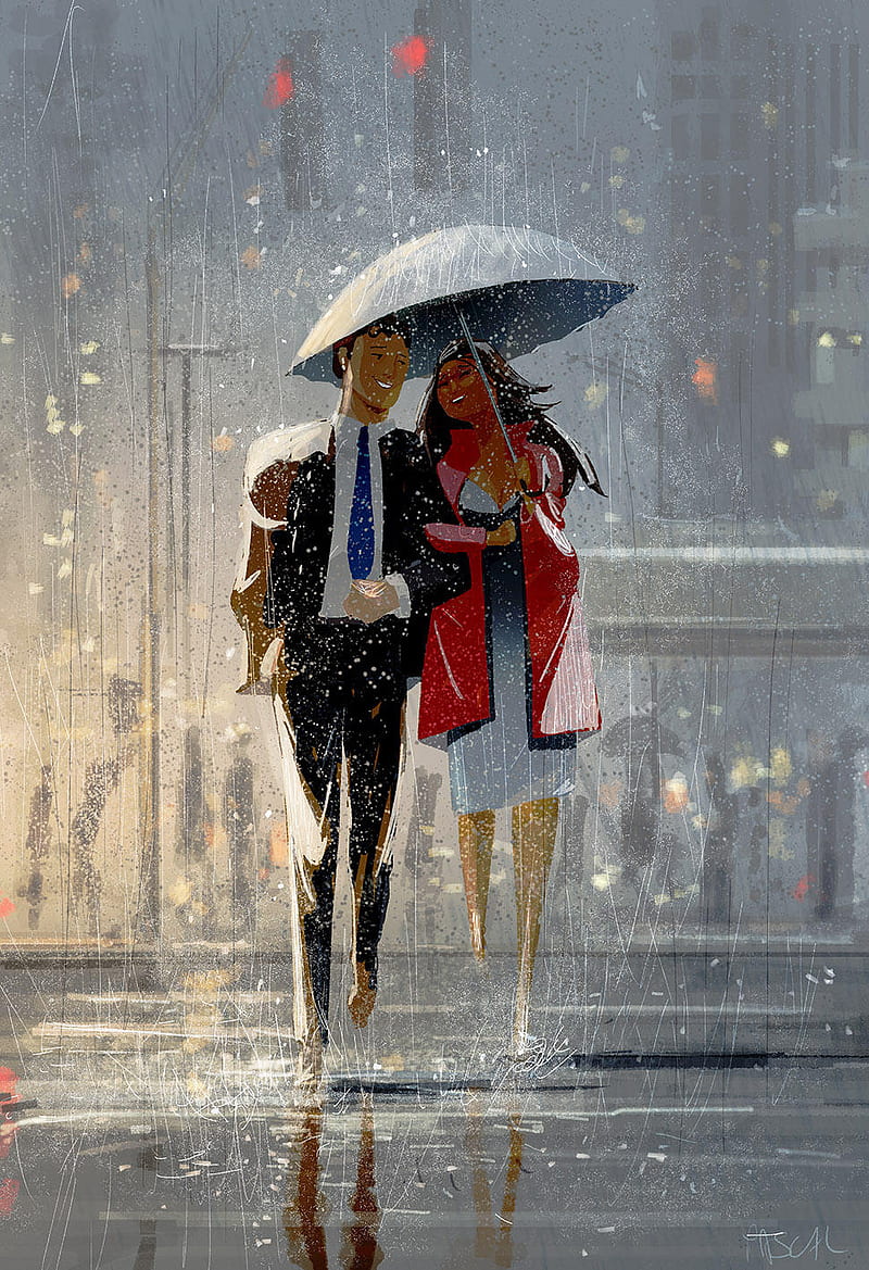 Couple in The Street, umbrella, woman, man, suit, dress, rain, HD phone wallpaper
