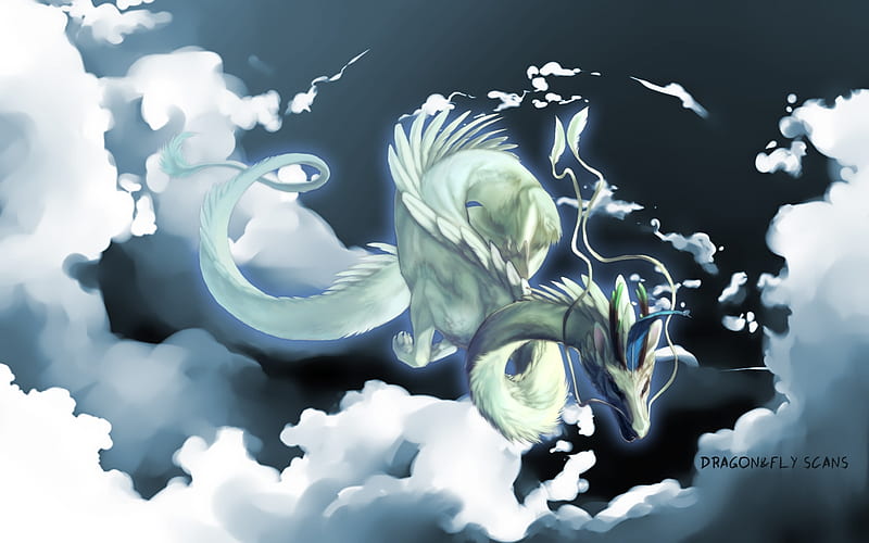 Midnight Dragon, bonito, sky, clouds, dragon, cool, anime, flying, white, feathers, graceful, HD wallpaper