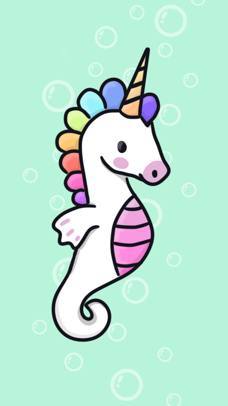 SeaUnicorn, cute, fantasy, green, little, pastel, pink, pony, rainbow, seahorse, unicorn, HD phone wallpaper
