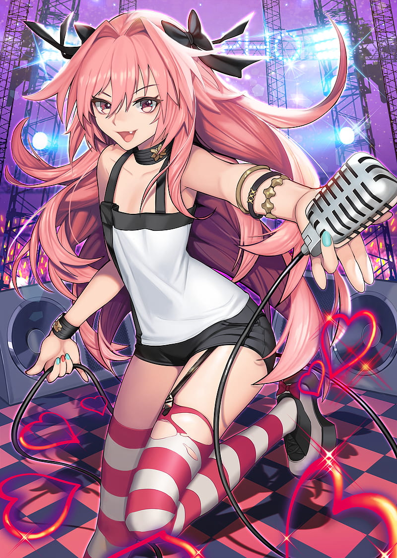 Fate/Grand Order, Fate Series, anime, microphone, pink hair, open mouth, long hair, painted nails, anime boys, HD phone wallpaper