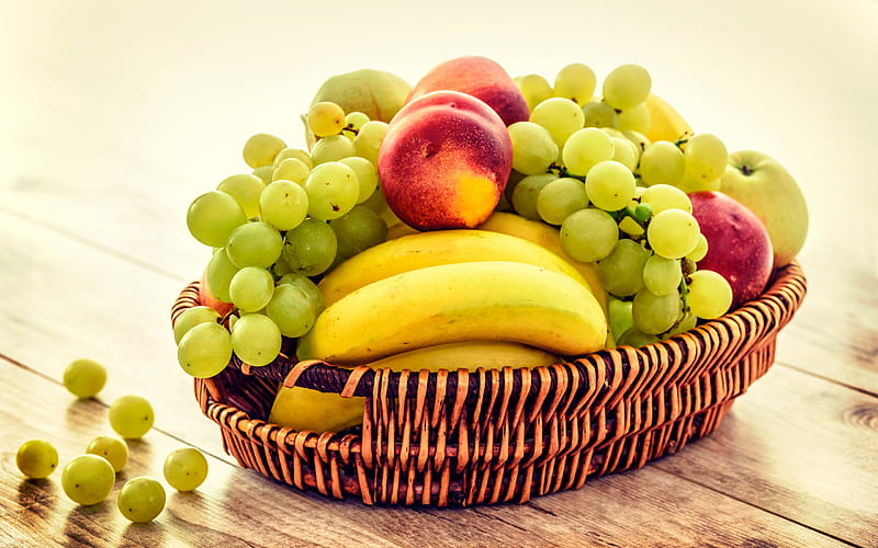 fruits, basket, peaches, bananas, grapes, HD wallpaper