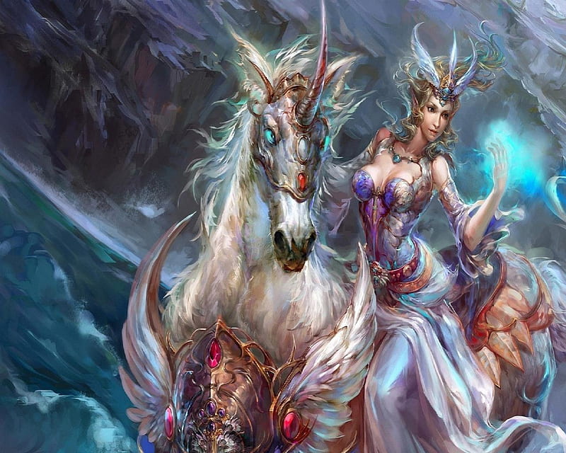 Sorceress On Horseback, sorceress, colors, magic, horse, HD wallpaper
