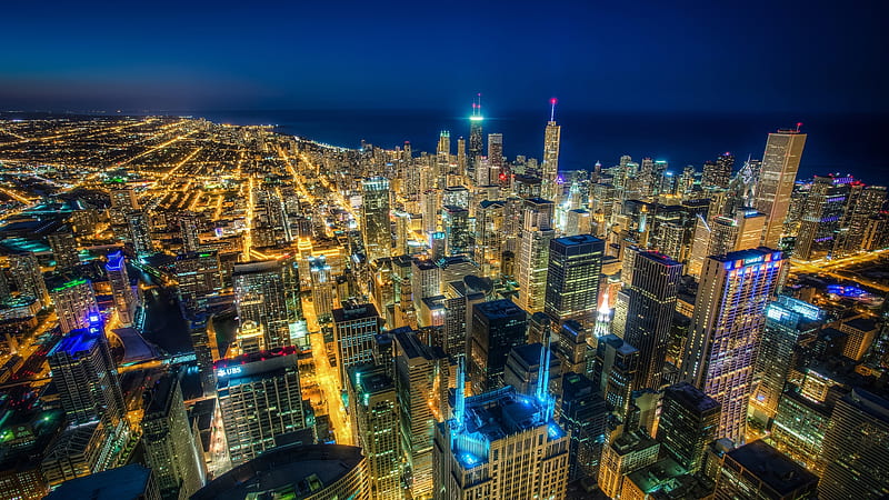 chicago, night, skyscrapers, lights, urban, united states, aerial view, City, HD wallpaper