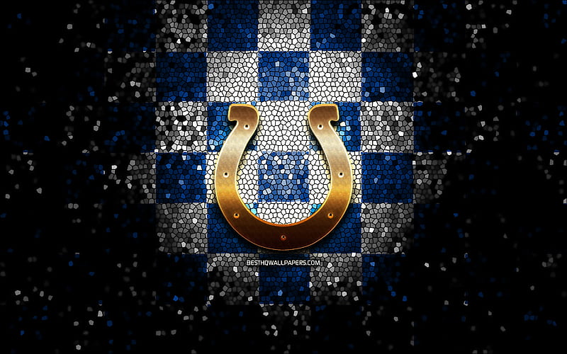Indianapolis Colts, glitter logo, NFL, blue white checkered background, USA, american football team, Indianapolis Colts logo, mosaic art, american football, America, HD wallpaper