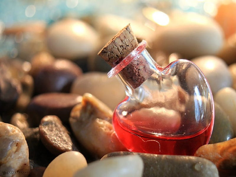 Love potion #9, water, stones, bokeh, bottle, heart, cork, HD wallpaper