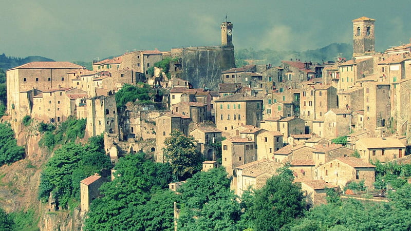 sorano hill town grosseto tuscany, ancient, town, trees, hill, fog, HD wallpaper