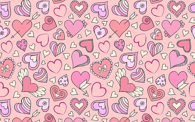 retro pink background with hearts, pink texture with hearts, love background, retro texture, HD wallpaper