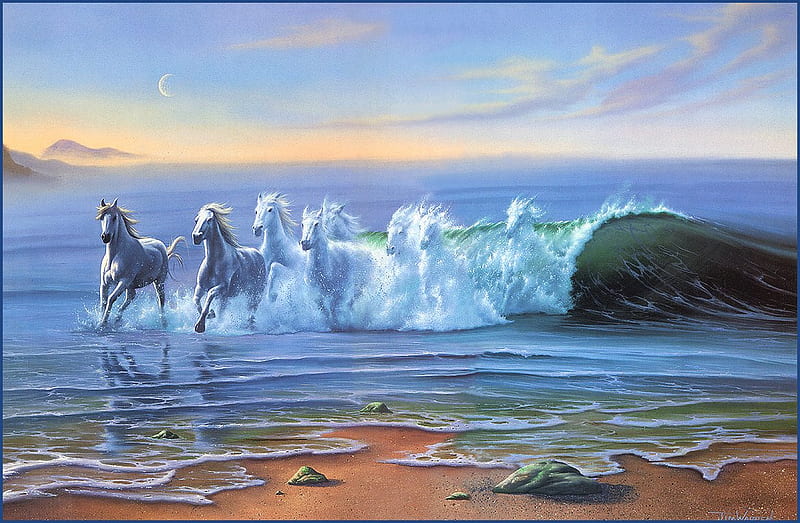 Jim Warren * Wild Waters, art, jim warren, painting, horse, sea, HD wallpaper