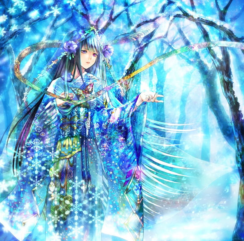 Snow Maiden, pretty, bonito, magic, sweet, nice, fantasy, anime, yukata, beauty, anime girl, female, lovely, kimono, winter, girl, snow, oriental, lady, maiden, HD wallpaper