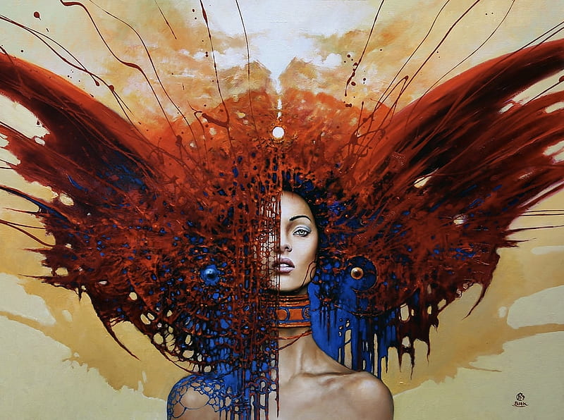 Fantasy girl by Karol Bak, red, art, karol bak, fantasy, luminos, face, blue, HD wallpaper
