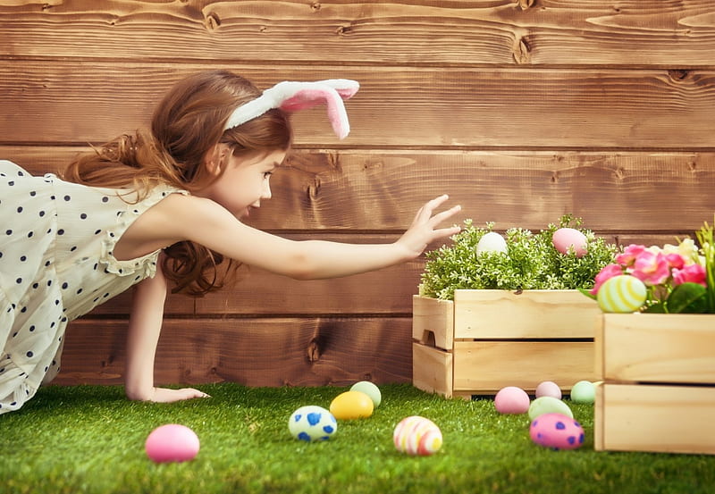 Happy Easter!, ears, easter, egg, girl, green, hunting, copil, bunny, child, pink, HD wallpaper