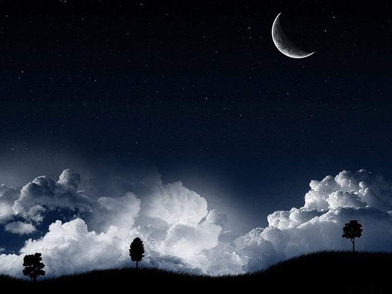 THE MIDNIGHT HOUR, silouettes, trees, sky, clouds, night time, moon, navy blue, new moon, horizons, evening, HD wallpaper
