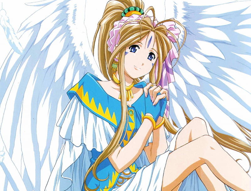 Belldandy, pretty, dress, wing, oh my goddess, sweet, nice, anime, feather, hot, anime girl, long hair, female, wings, lovely, brown hair, angel, gown, sexy, cute, girl, lady, ah my goddess, maiden, HD wallpaper
