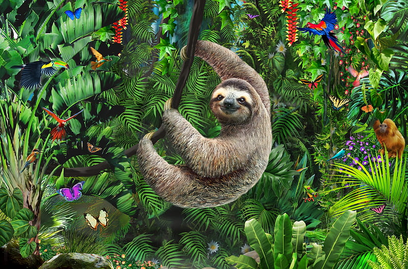 Sloth in jungle, art, sloth, luminos, animal, fantasy, vara, green, butterfly, adrian chesterman, summer, flower, jungle, HD wallpaper