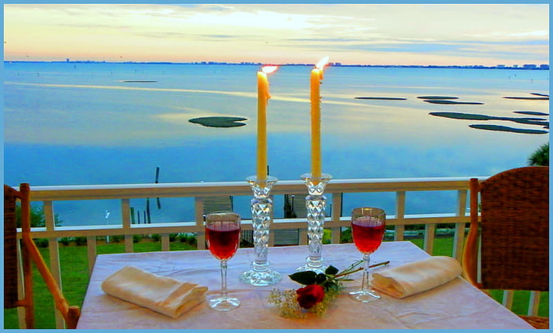Celebrate the love, patio, table, ocean view, rose, two, romance, wine, love, HD wallpaper