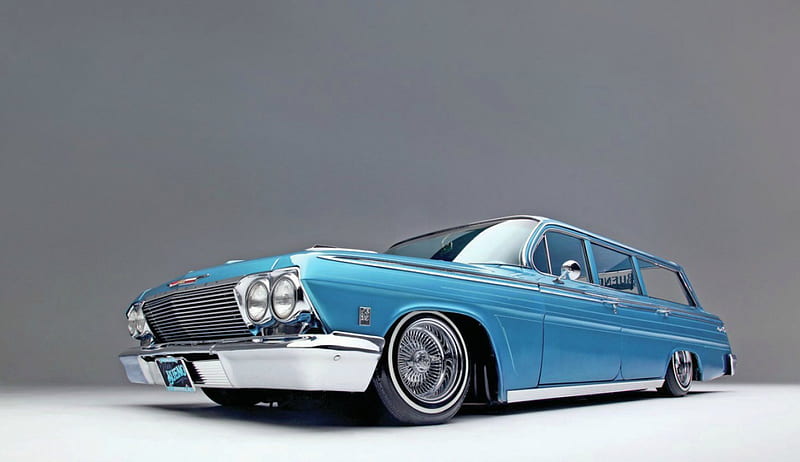 1962-Impala-Station-Wagon, Classic, Wire Spokes, Blue, Lowered, HD wallpaper