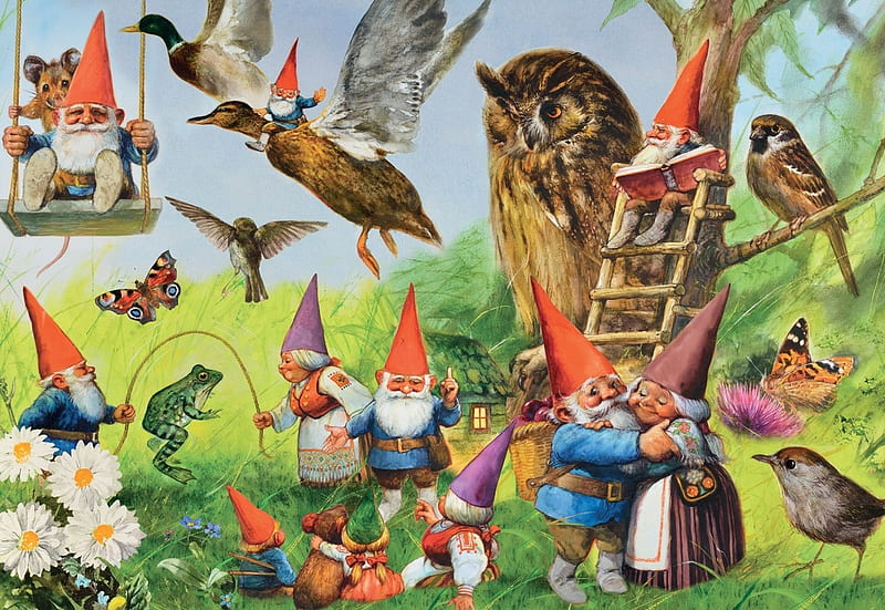 Gnome Land, birds, playful, gnomes, puzzle, HD wallpaper