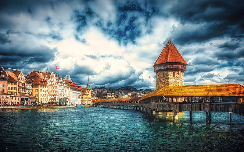 Luzern, R, swiss cities, clouds, summer, Switzerland, Europe, HD wallpaper