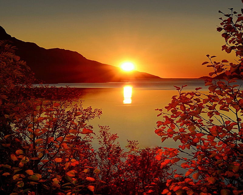 Beautiful Sunset, autumn, lake, mountain, red leaves, HD wallpaper