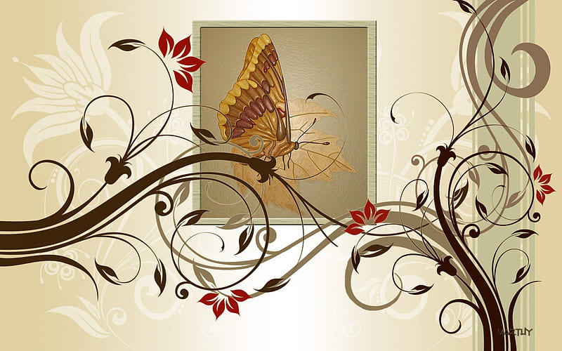 Autumn Butterfly, fall, red, autumn, brown, yellow, butterfly, flowers, art, desenho, swirls, tan, abstract, beige, computer graphics, simple, white, HD wallpaper