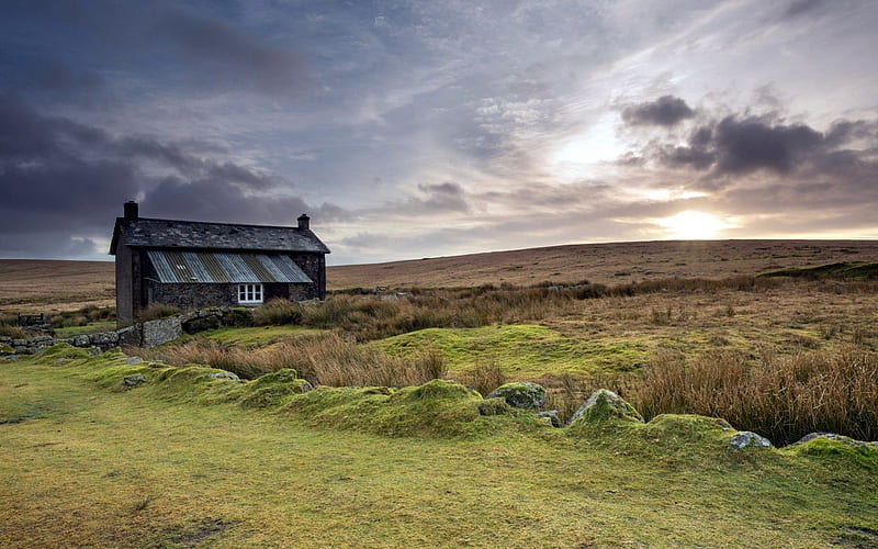 beautiful farmhouse, farm, house, fields, sunset, hill, HD wallpaper