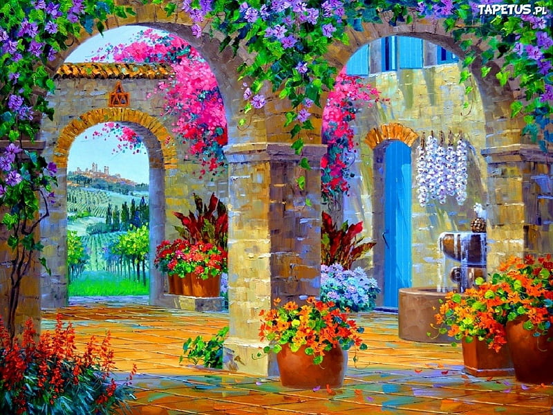 The Blue Door, archs, fantasy, blue door, flowers, garden, HD wallpaper