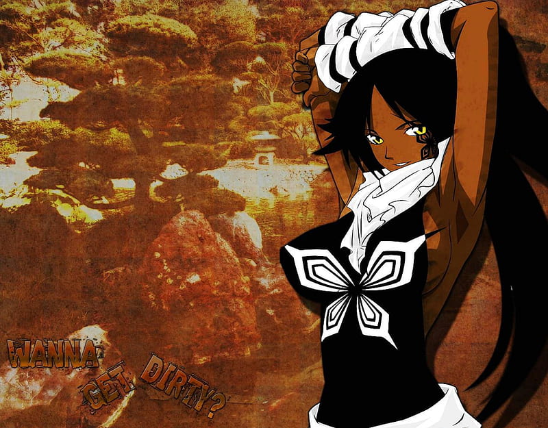 Wanna get dirty?, bleach, gold eyes, female, yellow eyes, shihouin yoruichi, girl, yoruichi, anime, yoruichi shihouin, brown background, HD wallpaper