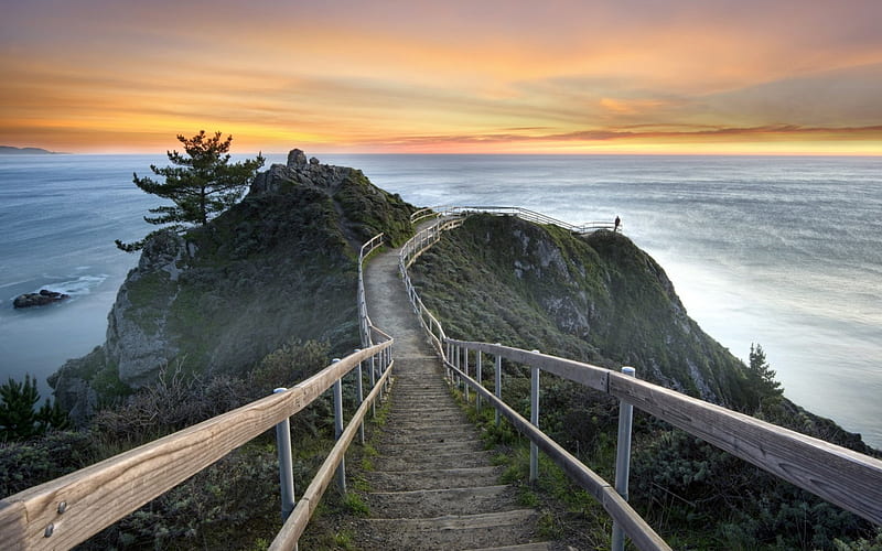 stairs to a coastal point, point, stairs, sunset, rails, coast, sea, HD wallpaper