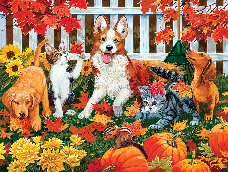 Collecting fall leaves, leaf, art, autumn, halloween, toamna, caine, cat, william vanderdasson, pumpkin, garden, pisici, kitten, dog, HD wallpaper