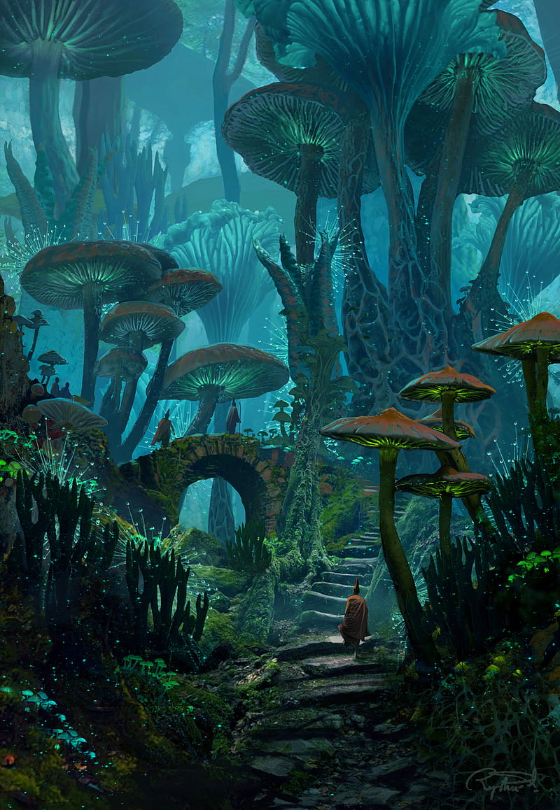 Artwork, landscape, forest, mushroom, fantasy art, digital, turquoise