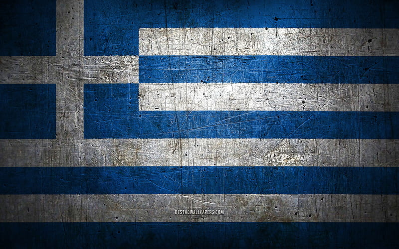 Greek metal flag, grunge art, European countries, Day of Greece, national symbols, Greece flag, metal flags, Flag of Greece, Europe, Greek flag, Greece, HD wallpaper