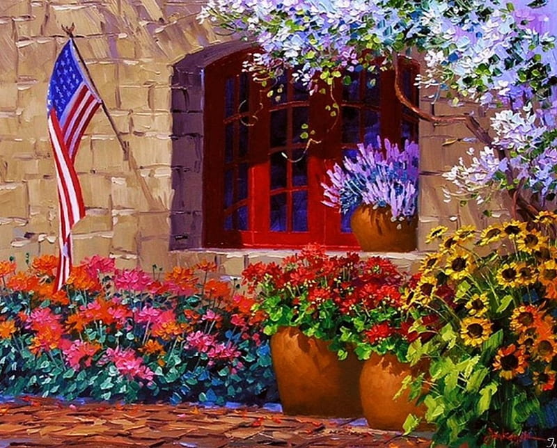 Decoratice House, window, painting, flowers, artwork, flag, HD wallpaper