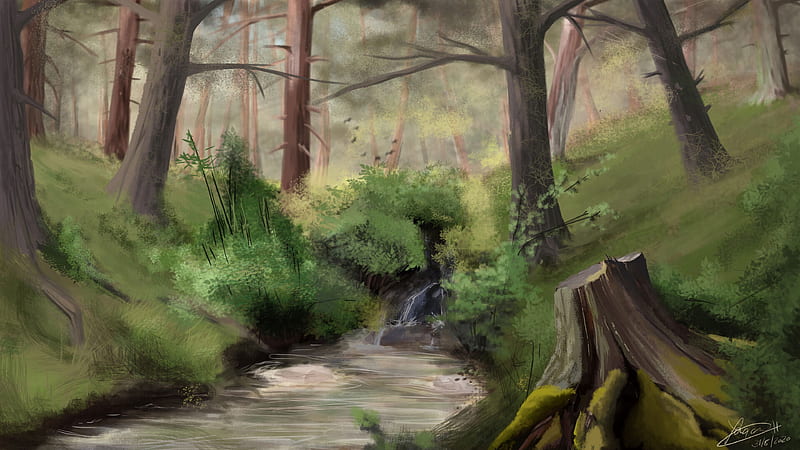 stream, forest, trees, bushes, art, HD wallpaper