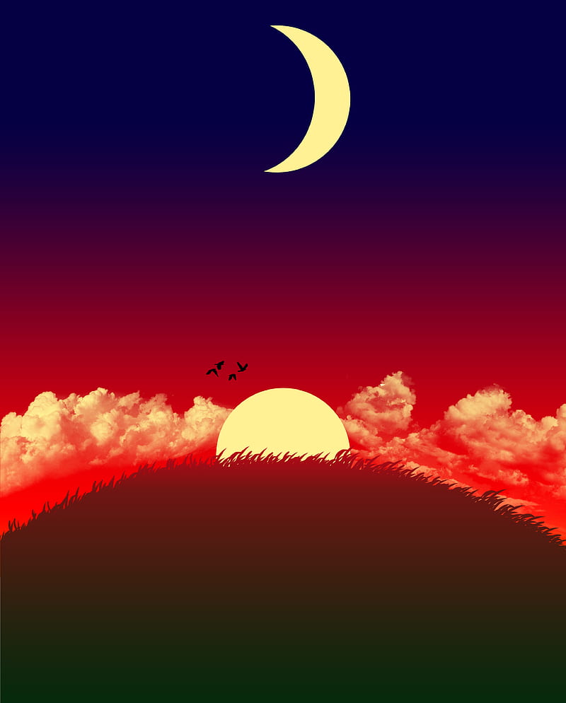 sunset draw, clouds, colors, drawing, moon, night, sun, surise, HD phone wallpaper