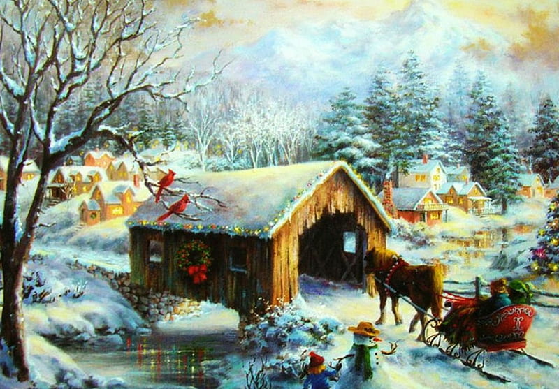 Driving Home for Christmas, covered bridge, houses, trees, horse, artwork, winter, snow, village, sledge, landscape, HD wallpaper