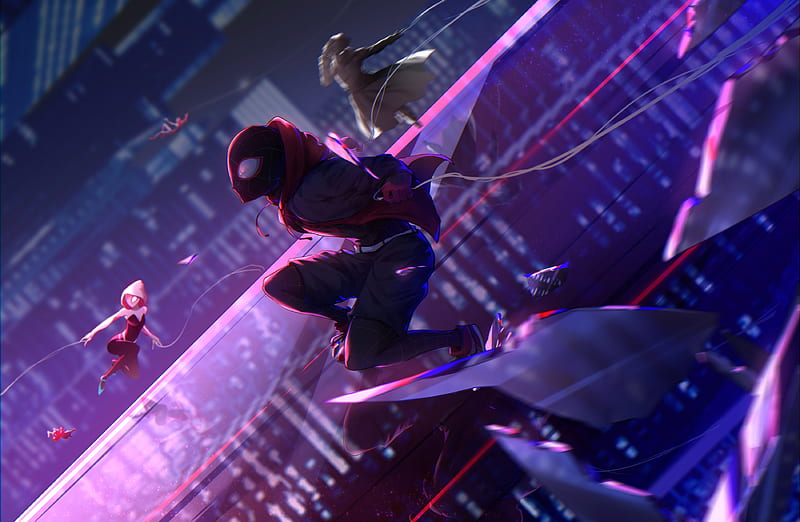 animation, spider-man: into the spider-verse, building, jumping, action, Movies, HD wallpaper