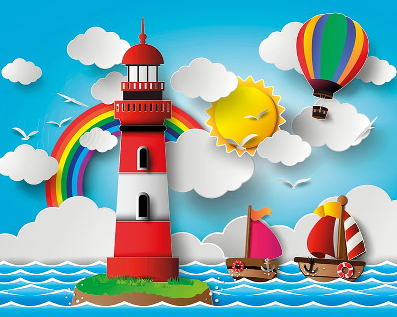 :), pattern, red, sun, cloud, yellow, lighthouse, water, boat, vara, ship, hot air balloon, texture, summer, paper, white, blue, rainbow, HD wallpaper