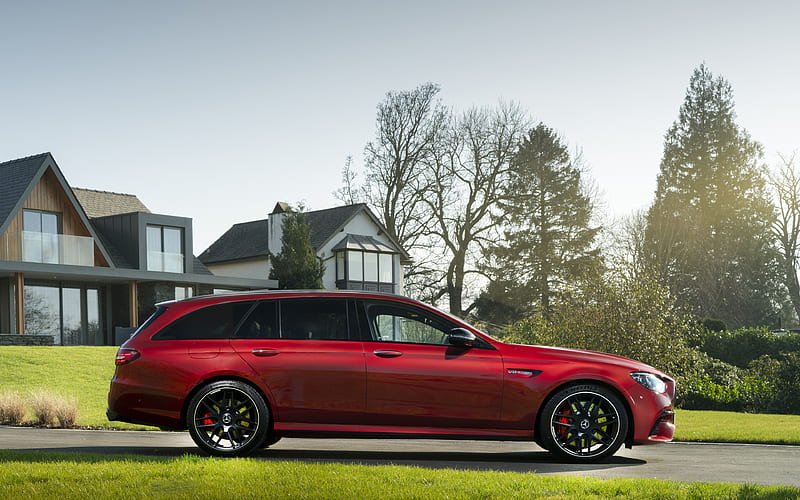 2021, Mercedes-AMG E63S 4Matic Estate, exterior, side view, red station wagon, new red E63, german cars, Mercedes, HD wallpaper