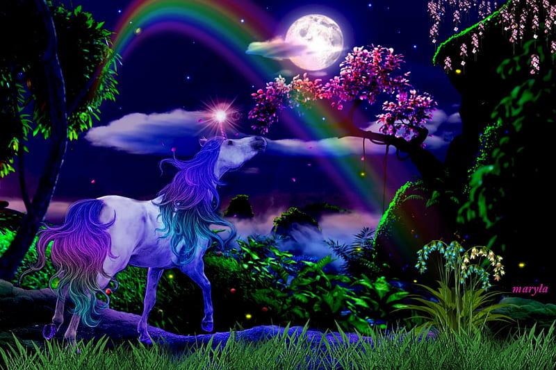 Unicorn in the light of the rainbow, grass, magic, rainbow, clouds, fantasy, moon, green, flowers, evening, hill, pink, light, blue, night, unicorn, trees, tree, HD wallpaper